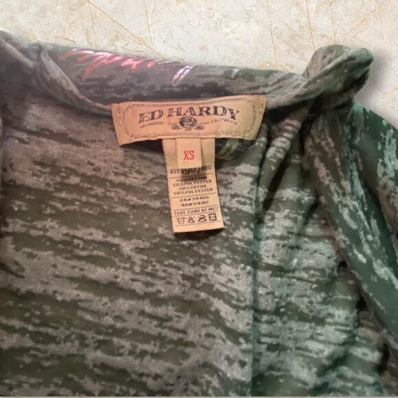 Ed Hardy Y2K Green Open Front Cardigan Lightweight Flowy Draped Hemline - Picture 5 of 7